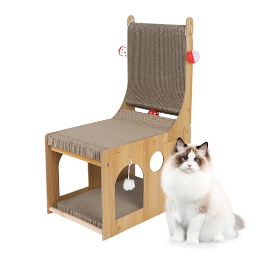 Kratzbrett Katzen mit Katzenhaus, 65x42x28cm L förmige Kratzpappe, 2 in 1 Katzenkratzbrett und Katzenbett Wellpappe Katzenhöhle mit Glockenbälle & Plüschbälle, Stuhlform Verschleißfestes Möbelschutz Kratzbrett Katzen mit Katzenhaus, 65x42x28cm L förmige Kratzpappe, 2 in 1 Katzenkratzbrett und Katzenbett Wellpappe Katzenhöhle mit Glockenbälle & Plüschbälle, Stuhlform Verschleißfestes Möbelschutz von Tokenhigh