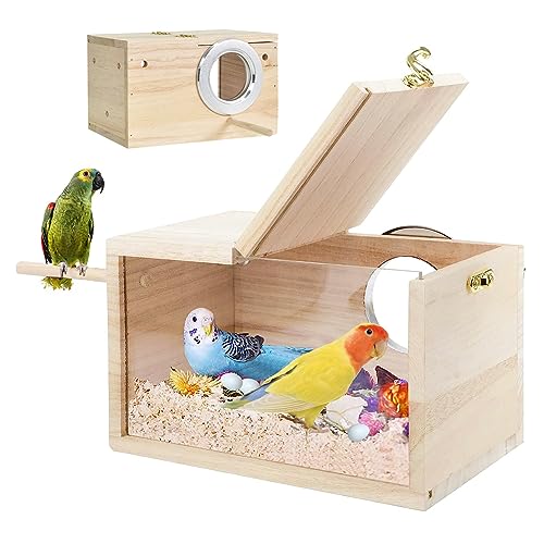 Wellensittich Nistkasten Transparentes Design, Vogelnest Brutkasten Holz, Sittich Nistkasten Transparentes Vogelhaus für Käfig Naturholz Aufzuchtkasten für Papageien Lovebirds Wellensittiche Finken von Tolenre