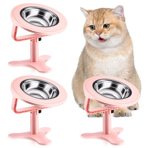 Erhöhte Katzennäpfe, erhöhte Katzennäpfe für Indoor-Katzen mit höhenverstellbarem Ständer, rutschfeste Edelstahl-Katzennäpfe, 15° geneigte Katzenfutterschalen (3er-Pack, Rosa) von Tolopu