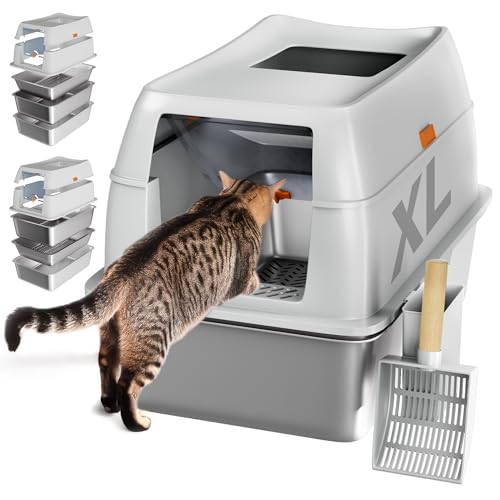 Tom & Sora Creations Edelstahl Katzentoilette, Sieben Katzentoilette, Sieben Katzentoilette, Sieben Katzentoilette für Kiefernpellets und Tonstreu, Geschlossene Sieben Katzentoilette, XL, Grau von Tom & Sora Creations