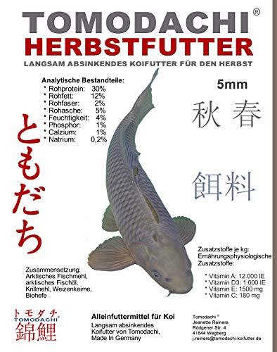 Tomodachi Herbstfutter für Koi langsam absinkendes Koifutter für den Herbst energiereiches Koifutter mit arktischem Fischmehl und Fischöl hochverdaulich auch bei Kälte, Herbst Koifutter 5mm 15kg von Tomodachi