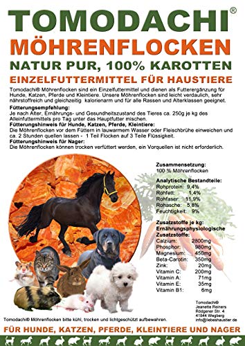 Karottenflocken Hund, Barf Zusatz, Möhrenflocken, Naturprodukt, Ergänzungsfutter Hund, Verdauung, Stoffwechsel, Immunsystem, Vitamine, Mineralien, BetaCarotin, kalorienarm, Diät, Tomodachi® 10kg Sack von Tomodachi