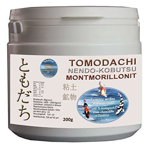 Teichmineral, weißes Montmorillonit - feinstes weißes Tonmineral, Bentonit weiß, Mineralien und Spurenelemente für Koiteich und Aquarium, pflegt Haut und Schuppen der Fische, lässt Farben brilliant leuchten, unterstützt den Stoffwechsel der Koi, 200g Dose feines weißes Teichmineral von Tomodachi Teichmineral Nendo Kobutsu