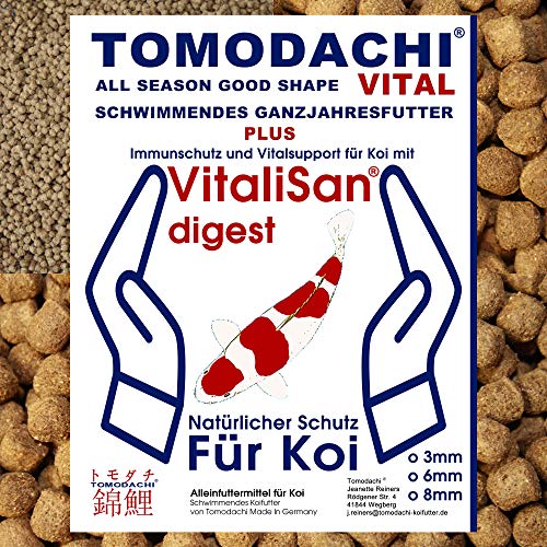 Koifutter, Immunschutzfutter mit Monoglyceriden, schwimmendes Vitalfutter für Koigesundheit, Verdauung, Stoffwechsel und eine überdurchschnittliche Futterverwertung Tomodachi All Season Vital 8mm 15kg von Tomodachi