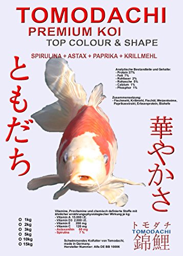 Koifutter, Wachstumsfutter Koi, Farbfutter für Koi, Sommerfutter für Koi jeden Alters mit Spirulina und Astax, Tomodachi Premium Koi Top Colour & Shape Schwimmfutter 10kg, 6mm Koipellets von Tomodachi