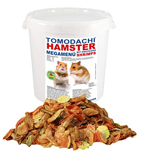 Tomodachi Hamsterfutter, Alleinfutter Hamster mit tierischen Eiweißen - Riesengarnelen, wenig Pellets, Karottenflocken, Erbsenflocken, Kräutern, Getreide, Nüssen, Hamster MegaMenü 1kg Eimer von Tomodachi