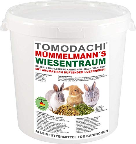 Kaninchenfutter Hasenfutter Raufutter Gemüsemix Müsli Erbsenflocken Möhrenflocken Luzerneheu Kräuter Löwenzahn Getreide 5kg Eimer von Tomodachi