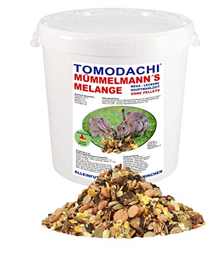 Kaninchenfutter pelletfrei Hauptmahlzeit Hasen viel Gemüse Möhrenflocken Erbsenflocken Getreide Nüsse Kerne Kräuter 1kg Eimer von Tomodachi