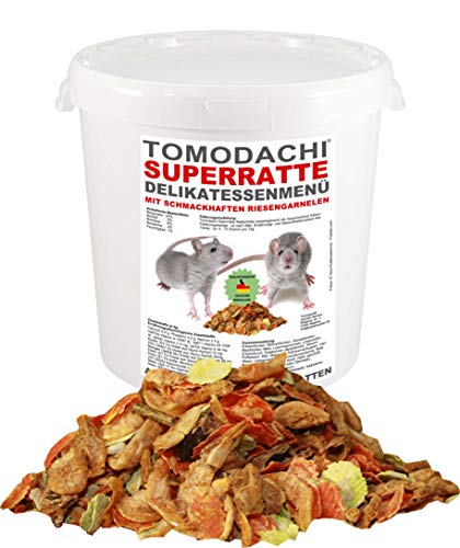 Tomodachi Rattenfutter mit tierischem Eiweiß, Rattennahrung mit Garnelen, Alleinfutter für Ratten, wenig Pellets, viel Gemüse, Möhrenflocken, Erbsenflocken, Saaten und Nüsse Superratte 2kg Eimer von Tomodachi