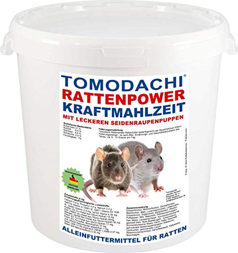 Tomodachi Rattenfutter mit tierischen Eiweißen, Rattennahrung mit Seidenraupen, Alleinfutter für die Ratte mit wenig Pellets und viel Gemüse, Karottenflocken, Erbsenflocken, Rattenpower 3kg Eimer von Tomodachi