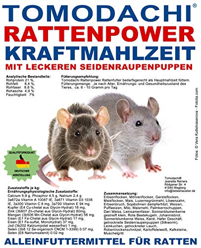Tomodachi Rattenfutter mit tierischen Proteinen, Seidenraupen, Alleinfutter für die Ratte, Hauptmahlzeit - wenig Pellets, viel Gemüse, Möhrenflocken, Erbsenflocken, Rattenpower Kraftfutter 5kg Sack von Tomodachi