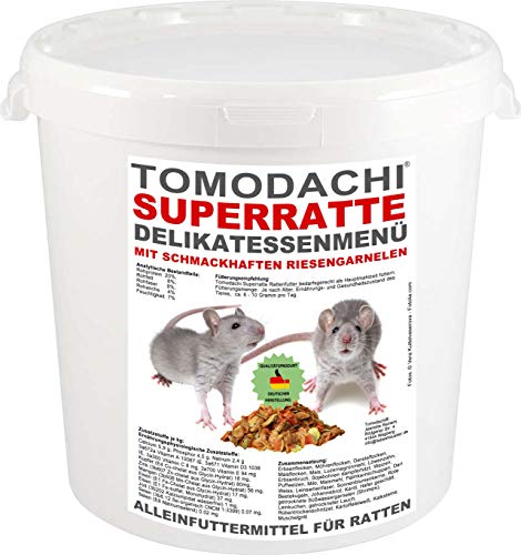 Tomodachi Rattenfutter mit tierischen Proteinen, Süßwassergarnelen, Alleinfutter für Ratten, wenig Pellets, viel Gemüse, Möhrenflocken, Erbsenflocken, Nüssen, Saaten Superratte 1kg Eimer von Tomodachi