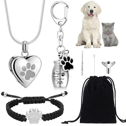Tondiamo Haustier-Urnen-Schmuck für Asche, Hundeurnen, Schlüsselanhänger, Katze, Herz, Urne, Halskette, Pfotenabdruck, Armband, Andenken für Asche, mit Füllset, Aufbewahrungstasche, 3 Stück (Silber) von Tondiamo