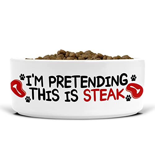 Lustiger Keramiknapf für Hunde, mit Aufschrift I'm Pretending This is Steak, 175 mm Durchmesser, DB3 von Tongue in Peach