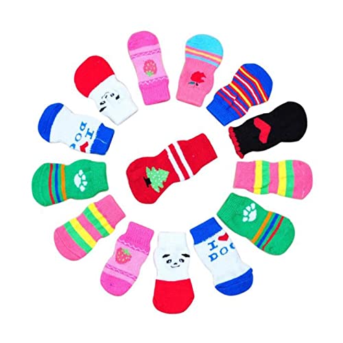 Tonsee 4 Stück Antirutsch-Socken für Haustiere Indoor Baumwoll Socken StrickSocken Kleine Hunde Socken Pfotenschutz Stilvolle Niedliche Stiefel Zufällige Farbe (L, Zufällige Farbe) von Tonsee Haustier