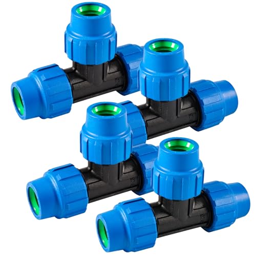 4 Stück T-Stück PE Rohr Fitting, T-Stück Kunststoff Kupplung, 25mm x 25mm x 25 mm Verschraubung,T Stück für Wasserleitung für PE80 PE100 Rohre, Klemmverbinder, für Wasserversorgung, Gartenbewässerung von ToolKnight