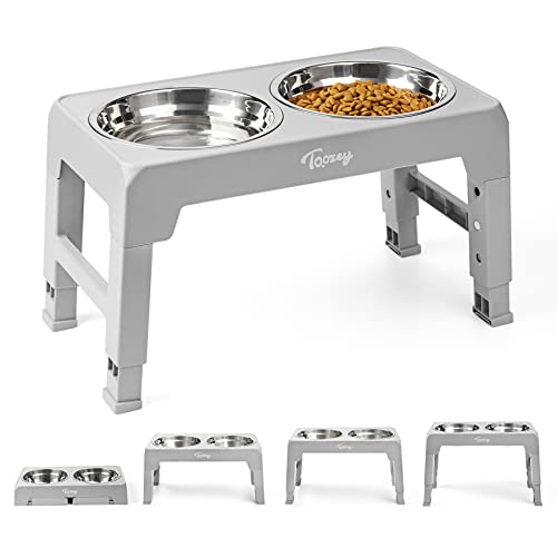 Toozey Hundenapf, Futterstation mit 2X 1200ml Edelstahlnäpfen, Hundenapf Erhöht für Klein, Mittlere & Große Hunde, 4 Höhenverstellbar Futternapf, Grau von Toozey