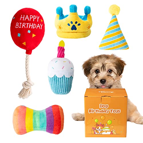 Toozey Geburtstagsthema Welpenspielzeug, 6 Stück Hundespielzeug Quietschspielzeug zum Zahnen von kleinen Hunden, gefülltes Plüsch-Welpen-Kauspielzeug, Hund Geburtstagsgeschenk Spielzeug von Toozey