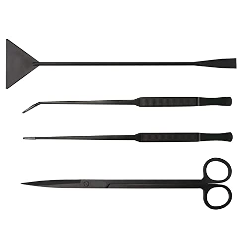 4 Stück Aquarium Werkzeugset Aquascaping Tool Set mit lang Pinzette Schere Kiesspatel Spatel Edelstahl für Anfänger Aquarist Maintenance Pflanzenpflege - Schwarz von TopHomer