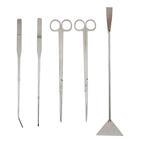 5 Stück Aquarium Werkzeugset Aquascaping Tool Set mit lang Pinzette Schere Kiesspatel Spatel Edelstahl für Anfänger Aquarist Maintenance Pflanzenpflege - Mattes Silber von TopHomer