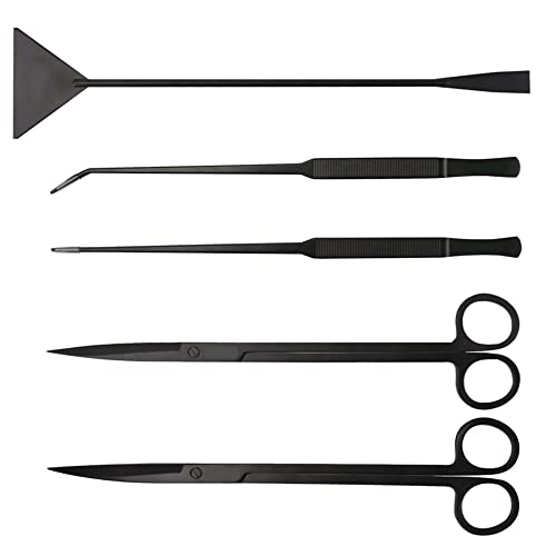 5 Stück Aquarium Werkzeugset Aquascaping Tool Set mit lang Pinzette Schere Kiesspatel Spatel Edelstahl für Anfänger Aquarist Maintenance Pflanzenpflege - Schwarz von TopHomer