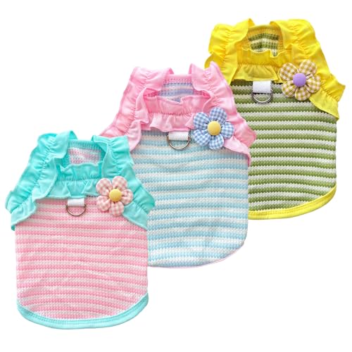 TopHomer 3 Stück Tanktops mit Rüschen für Kleintiere | Gestreiftes Netz mit Blume & D-Ring – Frühling/Sommer, L von TopHomer