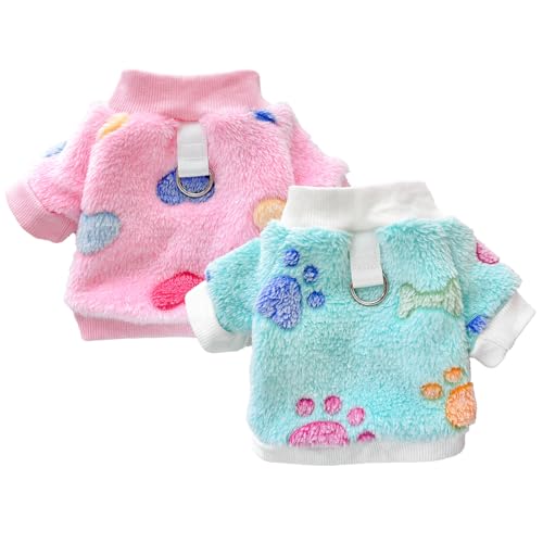 TopHomer T-Shirt für kleine Hunde aus Fleece, kurzärmelig, Motiv Pfote / Herz mit D-Ring, Winter, Größe M, 2 Stück von TopHomer