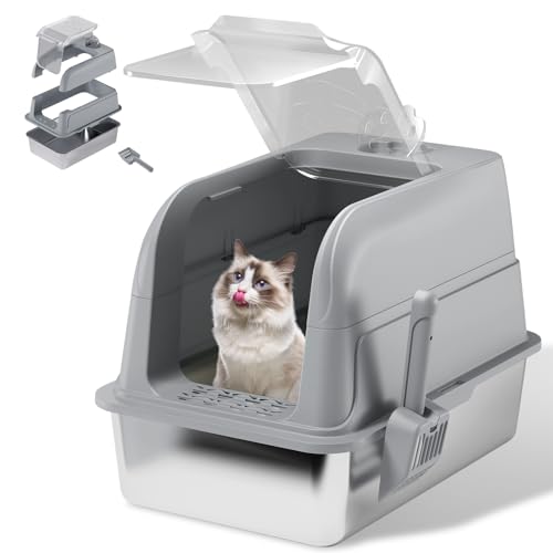 Edelstahl-Katzentoilette mit Deckel, extra große Katzentoilette für große Katzen und Mehrkatzenhäuser, transparente Oberseite und leicht zugängliche Tür von TopOpen