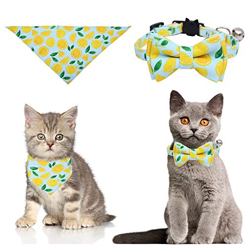 Halsbänder für Katzen mit Glocke für Katzen mit niedlicher Schleife, für Haustiere, Kätzchen, Katzen, verstellbar von 0 bis 28 cm + Dreieckstuch (Zitrone) von TOPCHANCES