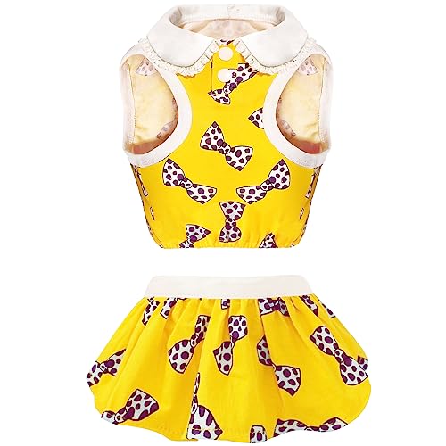 Topkins 2-teilige Sommer-Hundekleider, süßes Welpenkleid für kleine mittelgroße Hunde Mädchen, Athleisure Hundekleidung mit bauchfreiem Top und Rock, Katzenbekleidung (Gelb, Medium) von Topkins