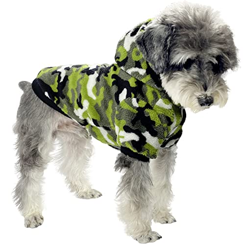 Topkins Hunde-Winter-Kleidung, winddicht, Fleece, Kapuzenpullover, 2 Beine, Tarnmuster, Thermo-Knopfmantel für Haustiere, Grün von Topkins