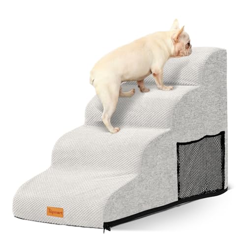Topmart Hundetreppe für kleine Hunde, 4-stufig, Schaumstoff-Hundetreppe für Couch/Hochbetten mit wasserdichtem und abnehmbarem Bezug, rutschfeste Hunderampe, Weiß von Topmart