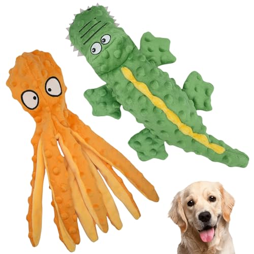 Topnique Quietschspielzeug für Hunde, Oktopus- und Krokodil-Design, 2 Stück, langlebige Plüschtiere für große Hunde, interaktives Spielen, robust, weich und knisternd, ideal für kleine bis große Hunde von Topnique