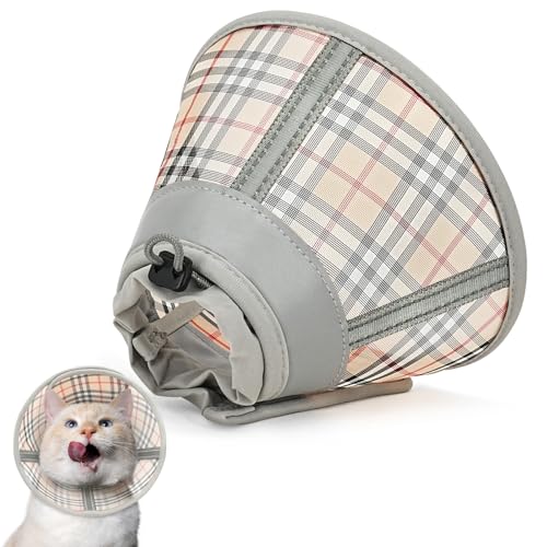 Toptakeit Katzenkegelhalsband, weich, Katzen-Genesungshalsband für große, mittelgroße und kleine Katzen, Kätzchen, Katzenkegel 01-khakigrid-S von Toptakeit