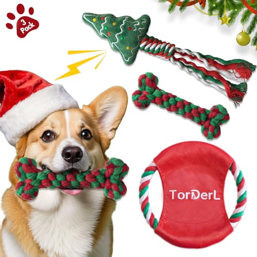 TorDerL Weihnachts-Hundespielzeug-Set, quietschendes Haustier-Plüschspielzeug für aggressive Kauer, große, mittelgroße und kleine Rassen, Kauseil, fliegende Scheibe zum Zahnen (3 Stück) von TorDerL