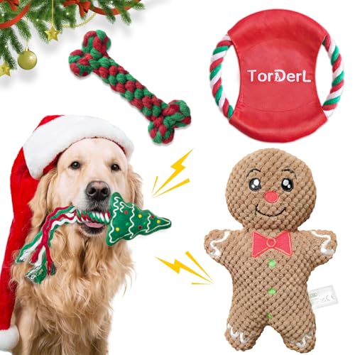 TorDerL Weihnachts-Hundespielzeug-Set, quietschendes Haustier-Plüschspielzeug für aggressive Kauer, große, mittelgroße und kleine Rassen, Kauseil, fliegende Scheibe zum Zahnen (4 Stück) von TorDerL