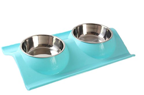 Toruiwa 1X Doppelnapf Hunde Futternapf mit integrierter Futtermatte aus Kunststoff und Edelstahl für Hunde Katzen Haustiere (Blau) von Toruiwa