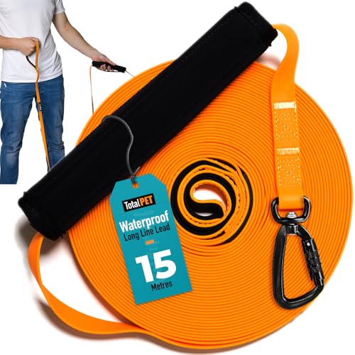 Total Pet Trainingsleine für Hunde, wasserdichte lange Leine für Schlepp- & Gehorsamkeitstraining – Extra lange Hundeleine – geeignet für alle Hundegrößen (15 m, Karabinerhaken) von Total Pet