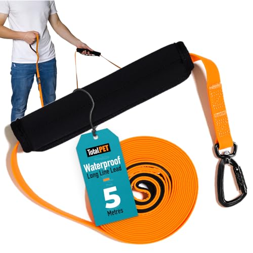 Total Pet Trainingsleine für Hunde, wasserdichte lange Leine für Schlepp- & Gehorsamkeitstraining – Extra lange Hundeleine – geeignet für alle Hundegrößen (5 m, Karabinerhaken) von Total Pet