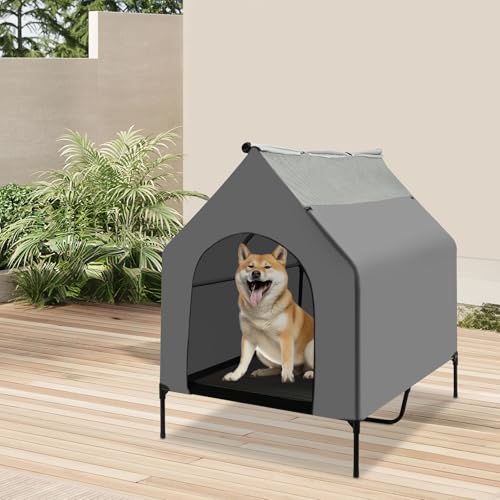 Hundeliege Erhöhtes Hundebett mit abnehmbarem Dach, Haustierhaus mit Anti Rutsch Füße für 20–30 kg Hunde Haustier Outdoor, 125×92×122 cm, Grau von TouTToNG