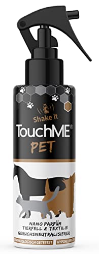 TouchME - berührungsaktiver Geruchsentferner & Textilerfrischer Spray | gegen Tiergeruch im Hundebett oder Katzenkörbchen | inkl. Fellpflege für Hunde, Katzen & Pferde | Pet Blue200ml (blumig) von TouchME