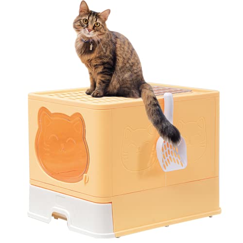 TownTime Katzentoilette mit Deckel, spritzwassergeschützte, faltbare Katzentoilette mit Aktivkohle, hält die Luft frisch, Schubladentoilette, einfach und schnell zu reinigen, große Katzentoilette von TownTime