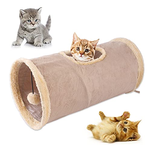 Pet Cat Play Tunnel for Indoor Pet Collapsible Cat Tunnel with Play Ball, Khaki Suede Pet Tunnels with Gucklole, Durable Suede Hideaway for Cat, Cat Tunnels for Indoor with Crinkle Paper von Towowl