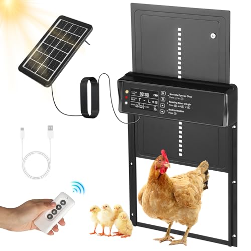Automatische Hühnerstalltür, Solar-Hühnerstalltür, Aluminium-Hühnerstalltür mit programmierbarem LCD-Bildschirm, Lichtsensor, Fernbedienung,Puerta Gallinero Automatica Schwarz von Towwoo