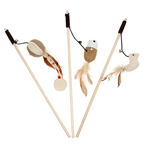 Toyvian 3 Stück Teiliges Katzenspielzeug aus Naturholz mit Glöckchen und Federn Interaktive Katzenangel für Training und Spiel Fördert Bewegung und Neugier zur Beschäftigung und von Toyvian