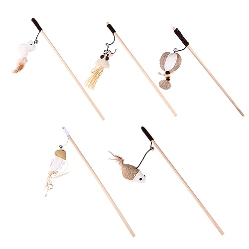 Toyvian 5 Stück Teiliges Katzenspielzeug Set aus Leinen mit Federn Interaktiver Katzenangel Stick für Kätzchen Flirten Spielerischer Katzen Teaser zur Beschäftigung und Stressabbau von Toyvian