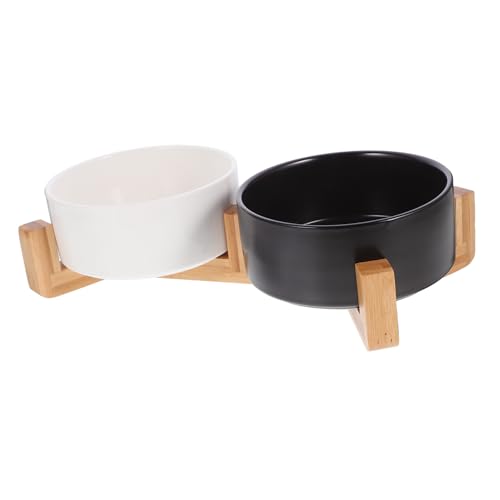 Toyvian Keramik Doppelnapf mit Holzständer rutschfest und Kippsicher für Katzen und Kleine Hunde Design für Innenbereiche Langlebig und Praktisch für Futter und Wasser von Toyvian