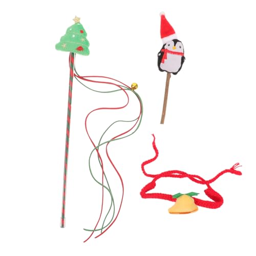 Toyvian Weihnachtliches Katzenspielzeug Set mit Strickhalsband Plüsch Kauspielzeug und Katzenangel Langlebig und Zahnpflegend Interaktives Lustiges für Katzen zur Beschäftigung im Winter von Toyvian
