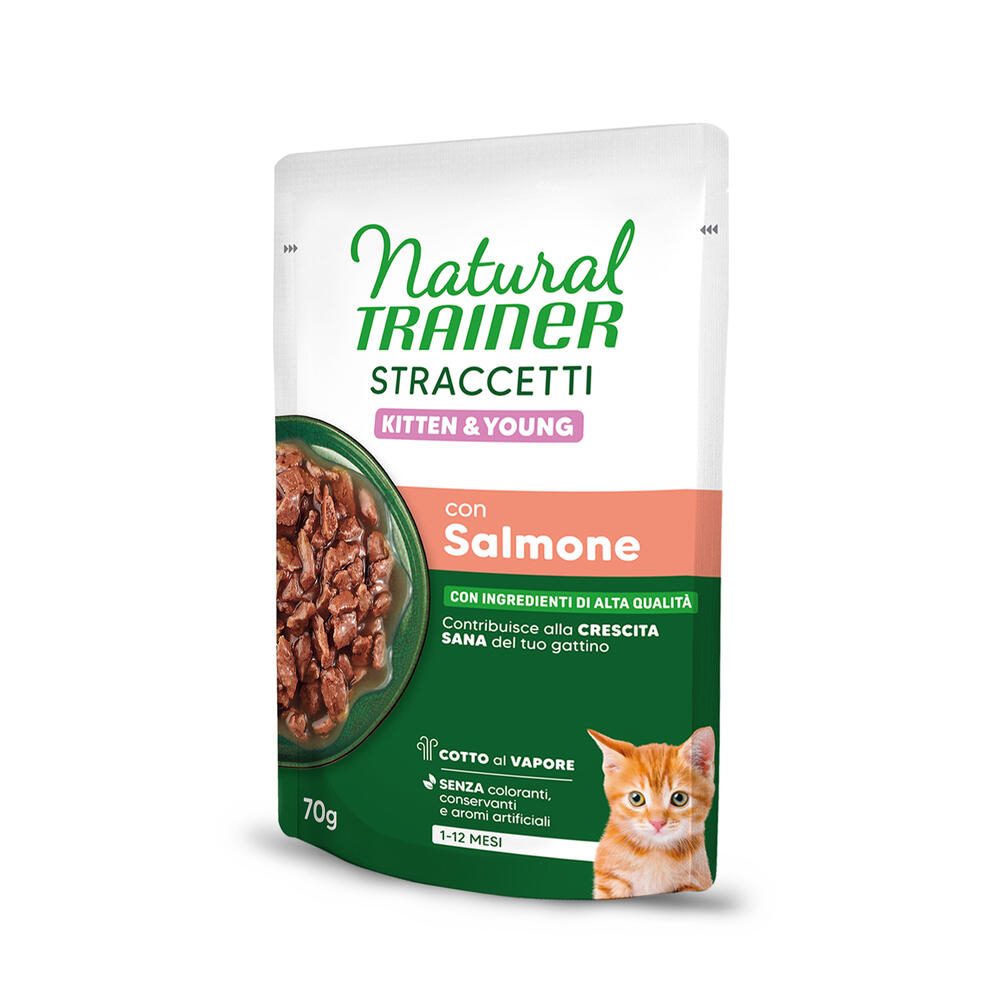 Natural Trainer zum Sonderpreis! - 56 x 70 g Straccetti Kitten & Young Streifen in Soße Lachs von Natural Trainer