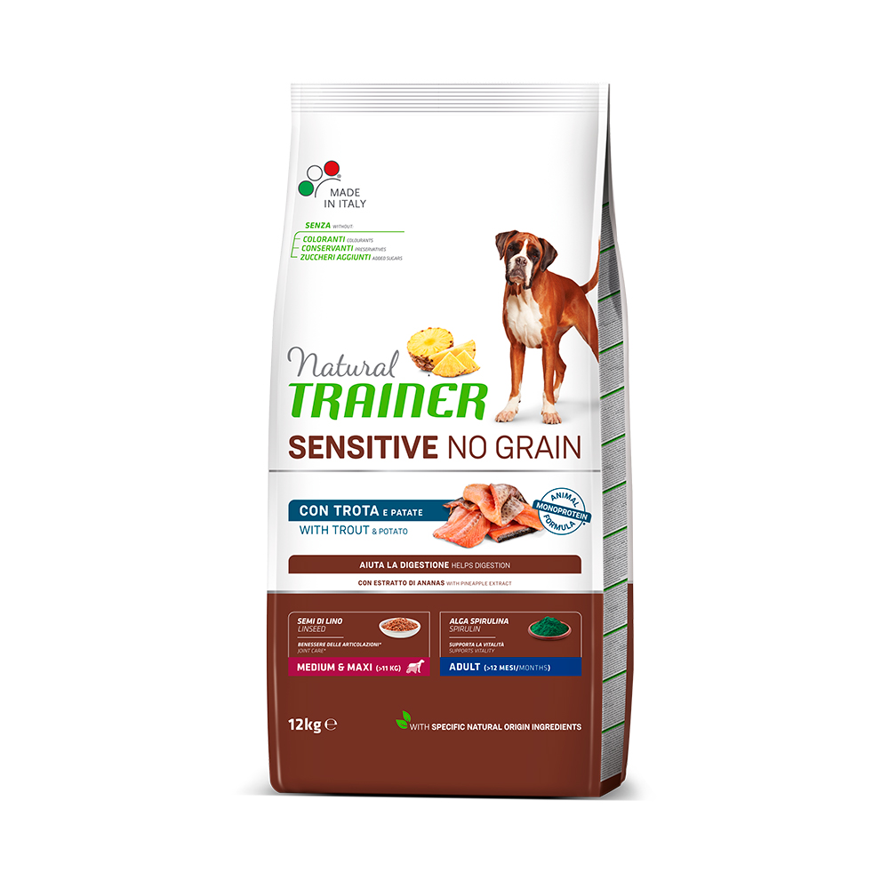 2 x 7 kg / 12 kg Natural Trainer Sensitive zum Sonderpreis! - No Grain Adult Med/Maxi mit Forelle & Kartoffeln (2 x 12 kg) von Natural Trainer